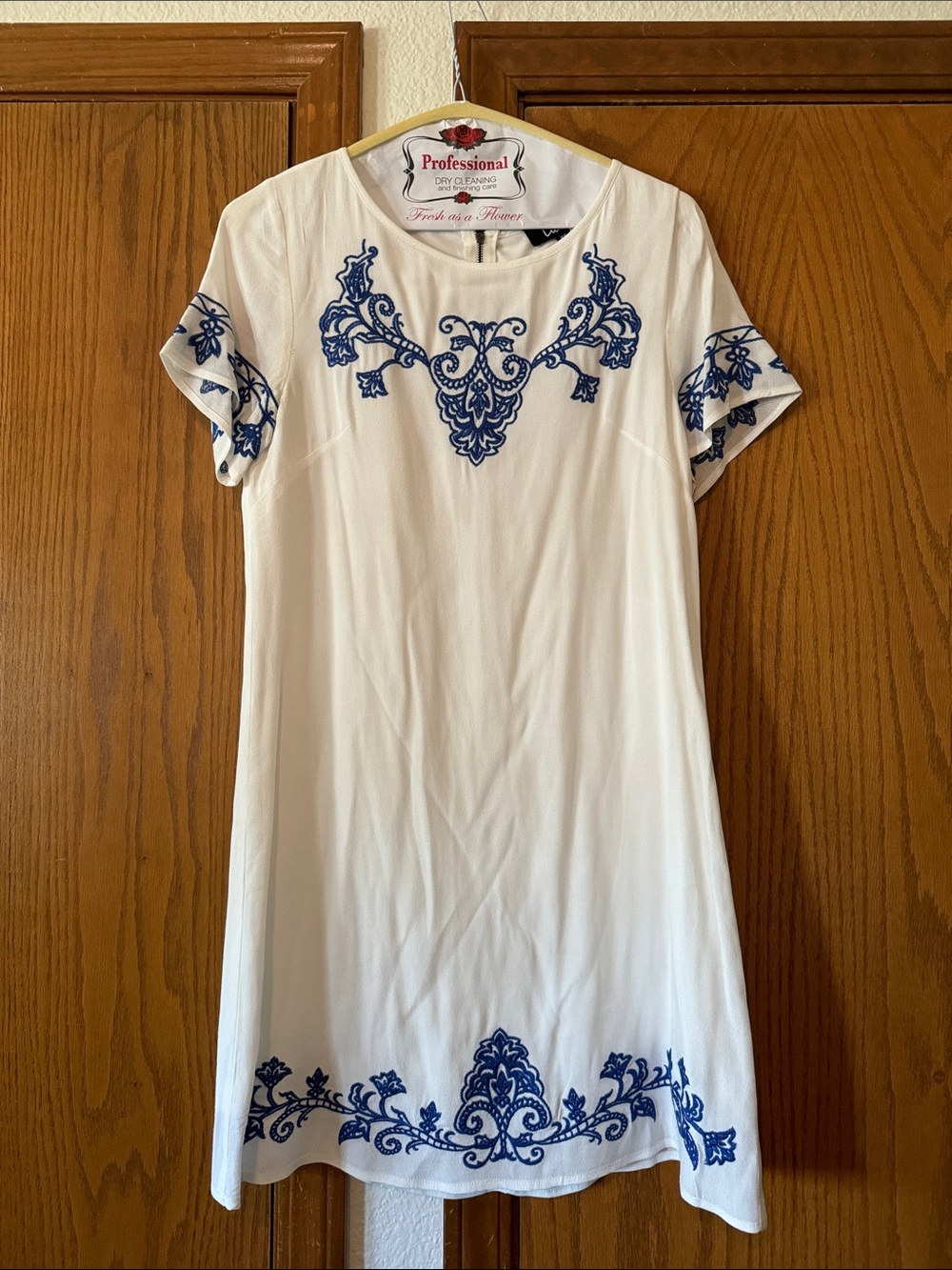 Lulu's White Mini Dress with Blue Embroidery